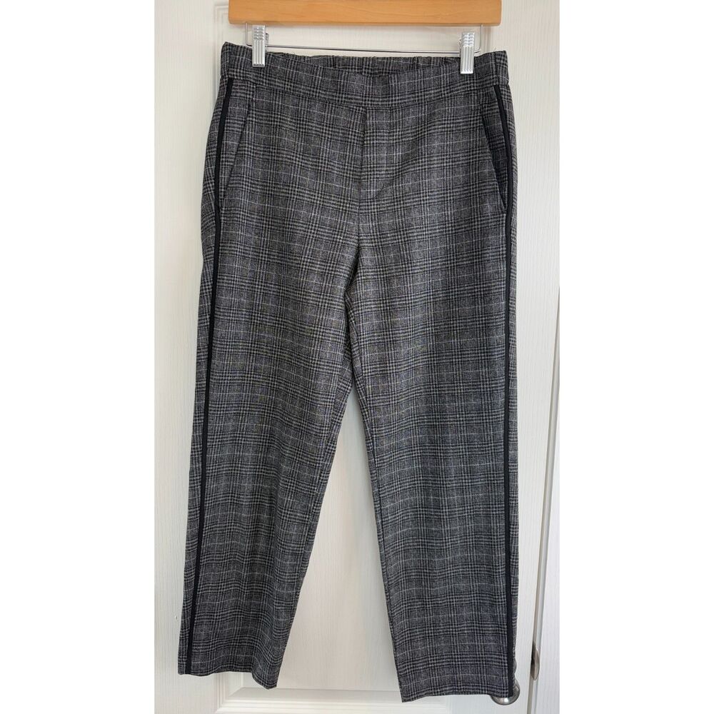 Old Navy Women's Pull On Trouser Pants Grey Black Plaid Side Stripe Size 6